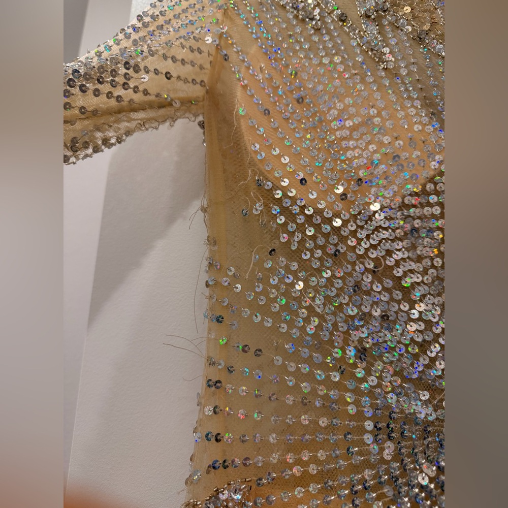 Jovani Gold Sequin Beaded Mini Dress | Long Sleeve Cocktail Dress Designer - Picture 13 of 14